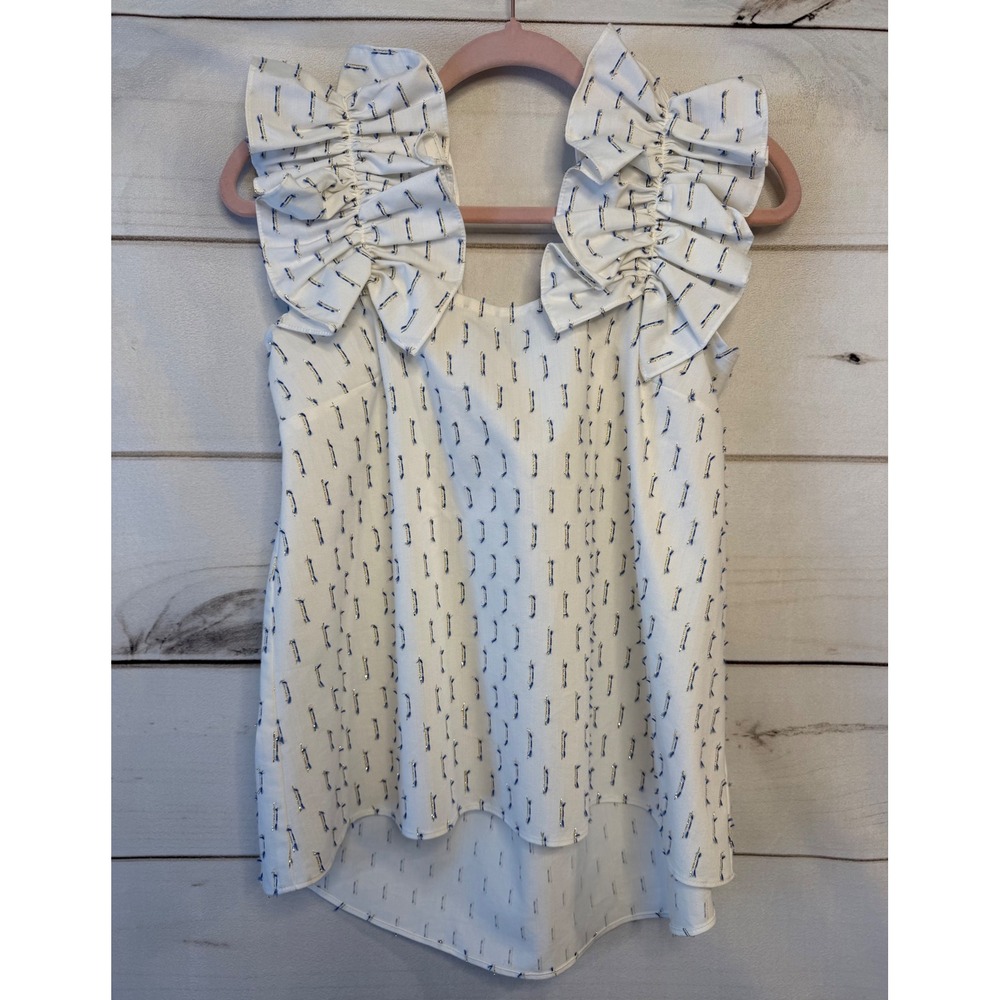 Noble 31 Womens White Blue Gold Metallic Ruffle Shoulder High Low Blouse S USA